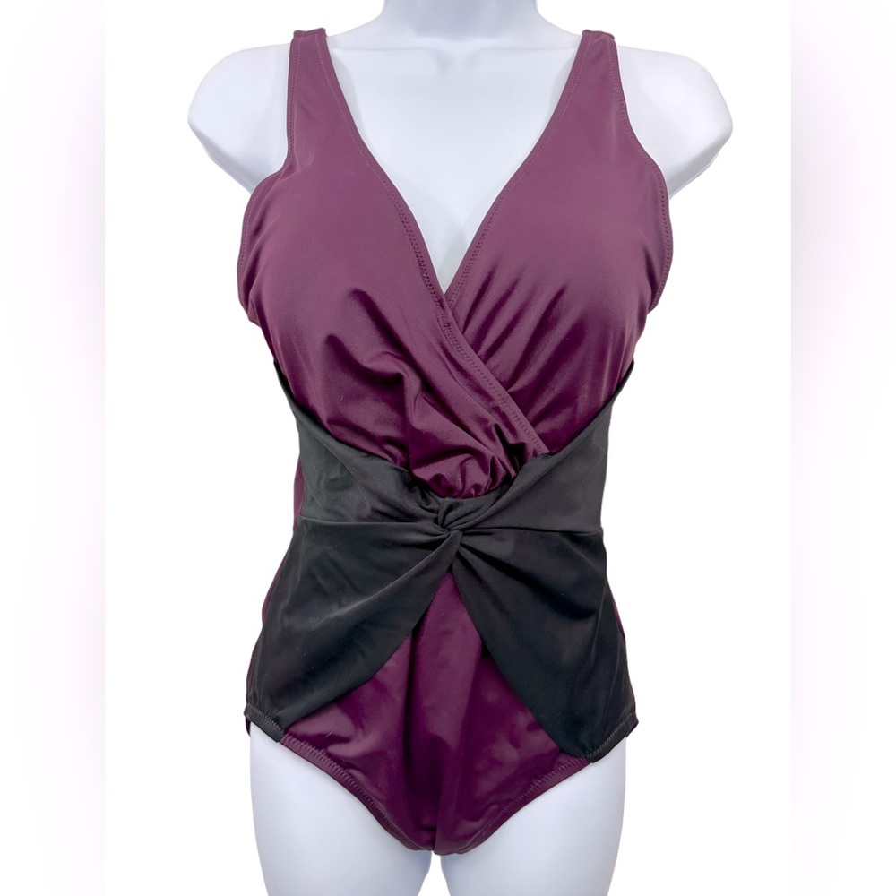 COLEEN LOPEZ Swim Suit Padded maroon black Bandeau One Piece New Size 12